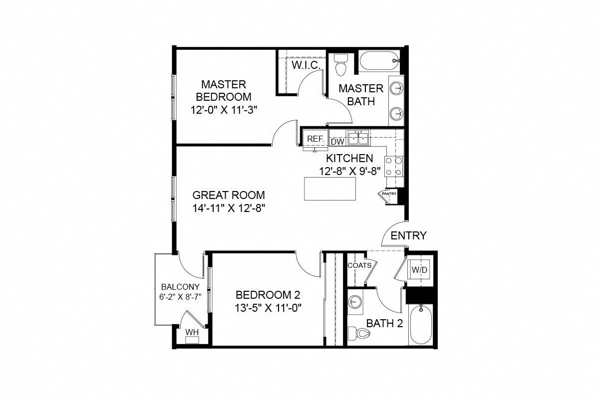 Floor plan for 2 beds, 2 baths, 1082 sqft